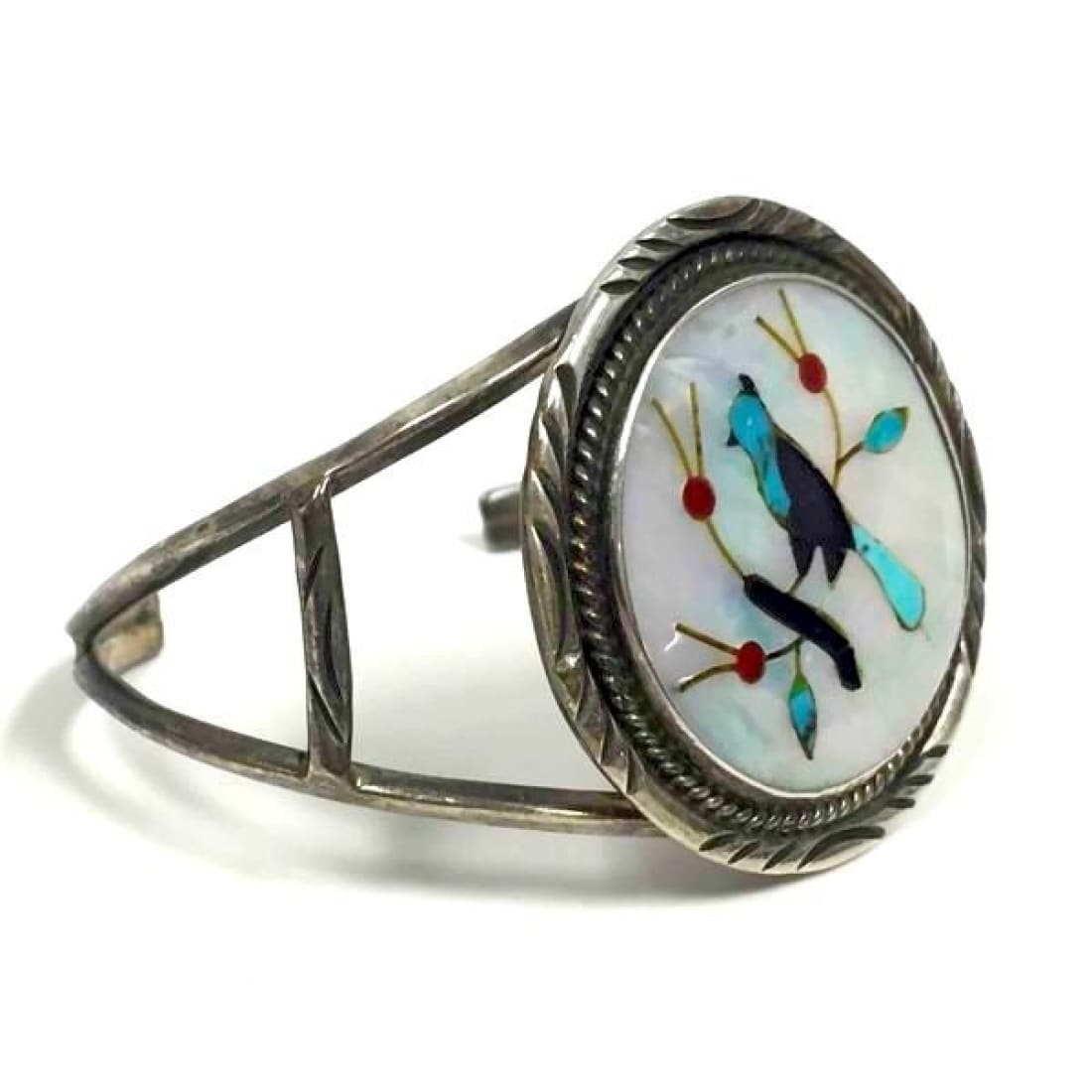 Navajo Benson Boyd Bracelet Blue Jay Inlay Sterling Silver Turquoise Mop Coral Jet Inlay Blue Jay Bird Cuff Bracelet by Benson Boyd Signed The Southwestern Style Gallery