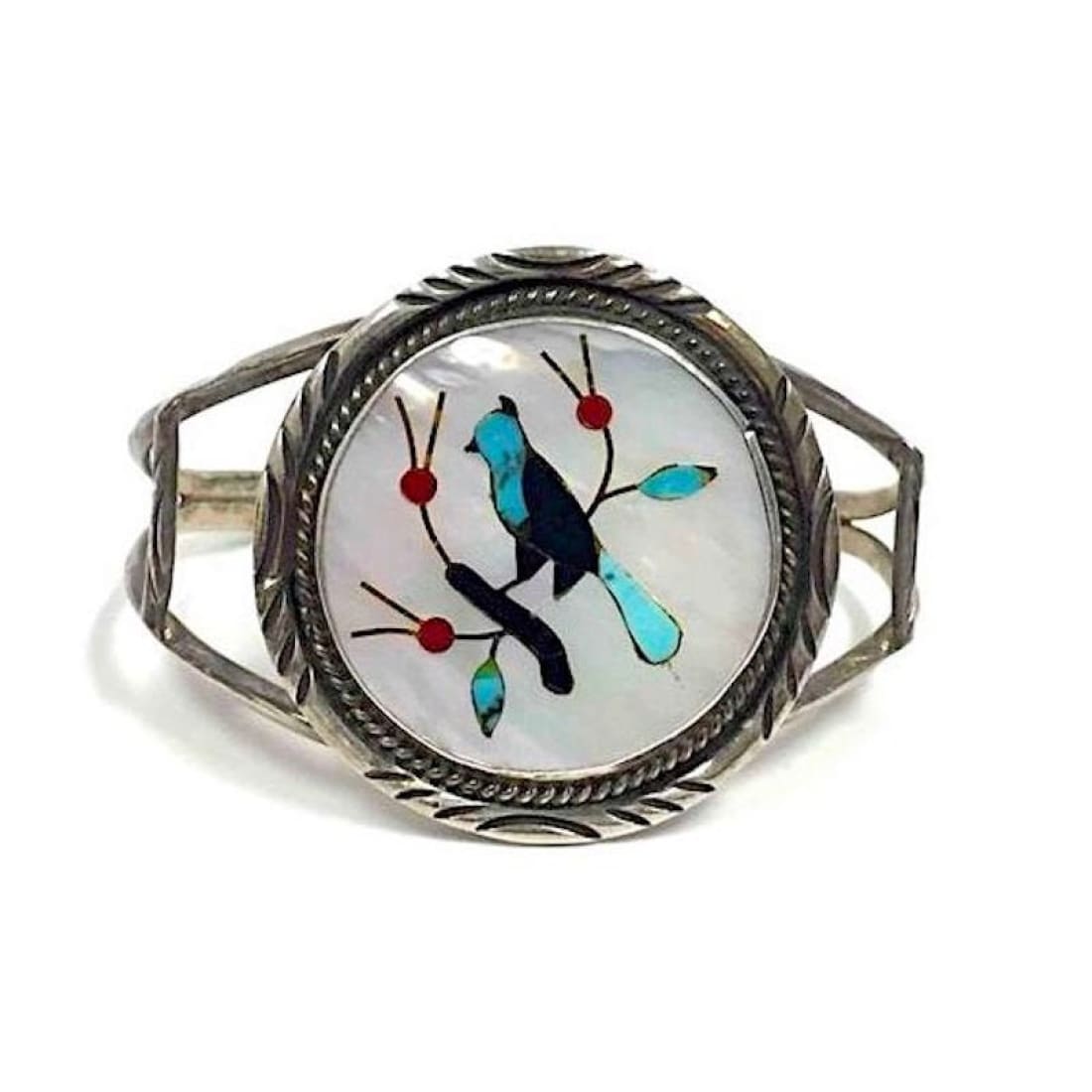Navajo Benson Boyd Bracelet Blue Jay Inlay Sterling Silver Turquoise Mop Coral Jet Inlay Blue Jay Bird Cuff Bracelet by Benson Boyd Signed The Southwestern Style Gallery