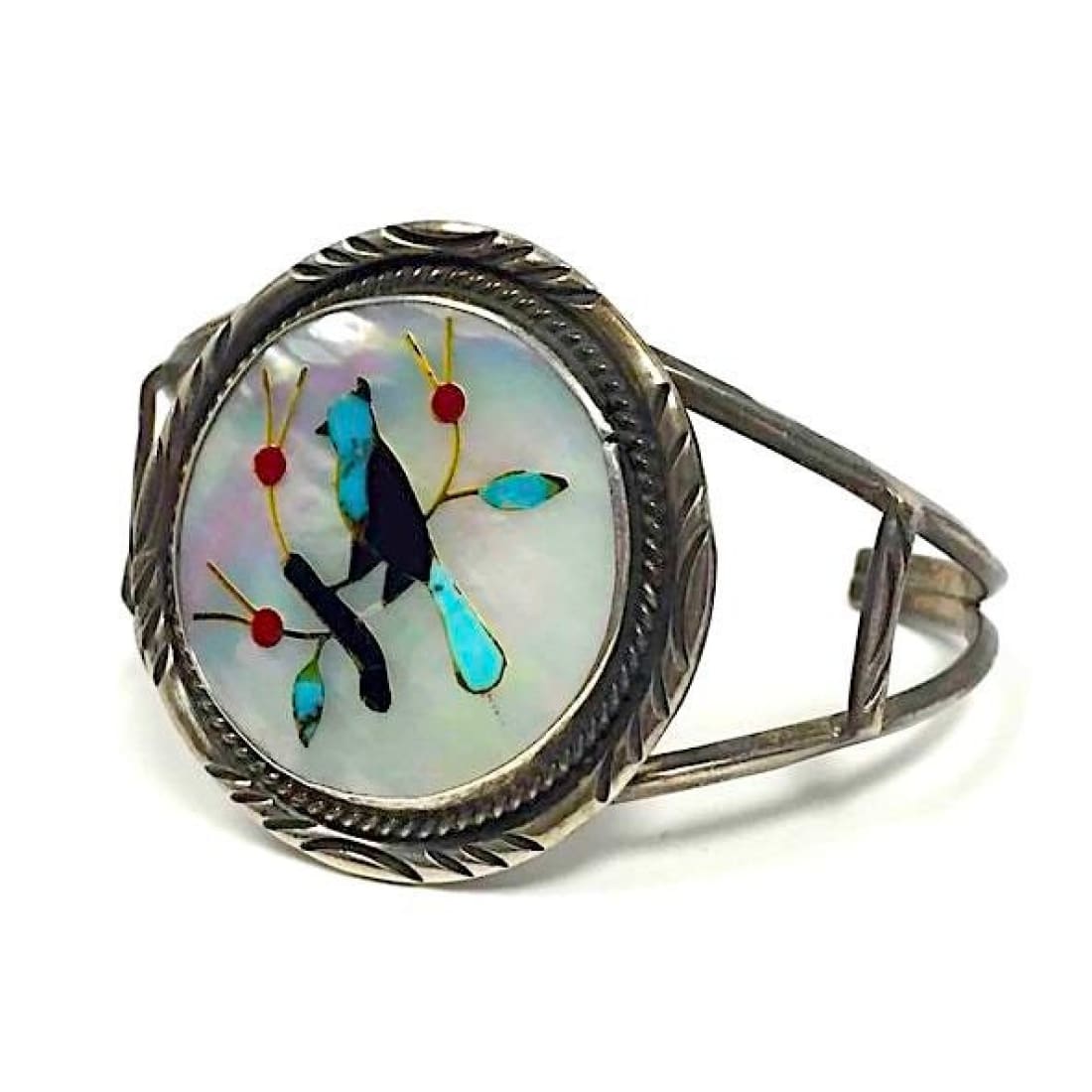 Navajo Benson Boyd Bracelet Blue Jay Inlay Sterling Silver Turquoise Mop Coral Jet Inlay Blue Jay Bird Cuff Bracelet by Benson Boyd Signed The Southwestern Style Gallery