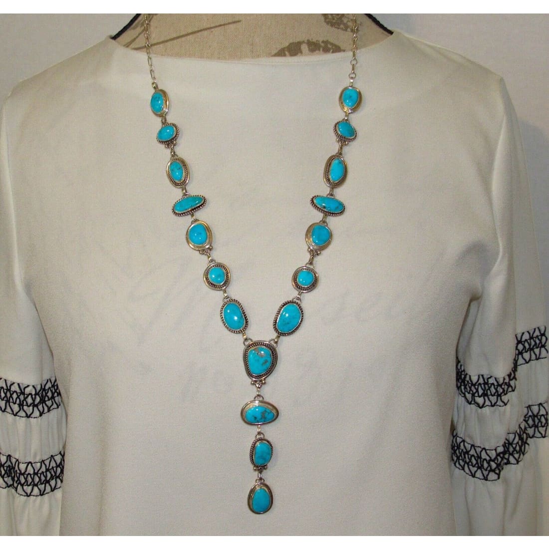 Navajo Blue Royston Turquoise Lariat Necklace Sterling