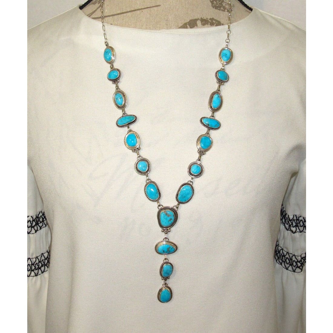 Navajo Blue Royston Turquoise Lariat Necklace Sterling