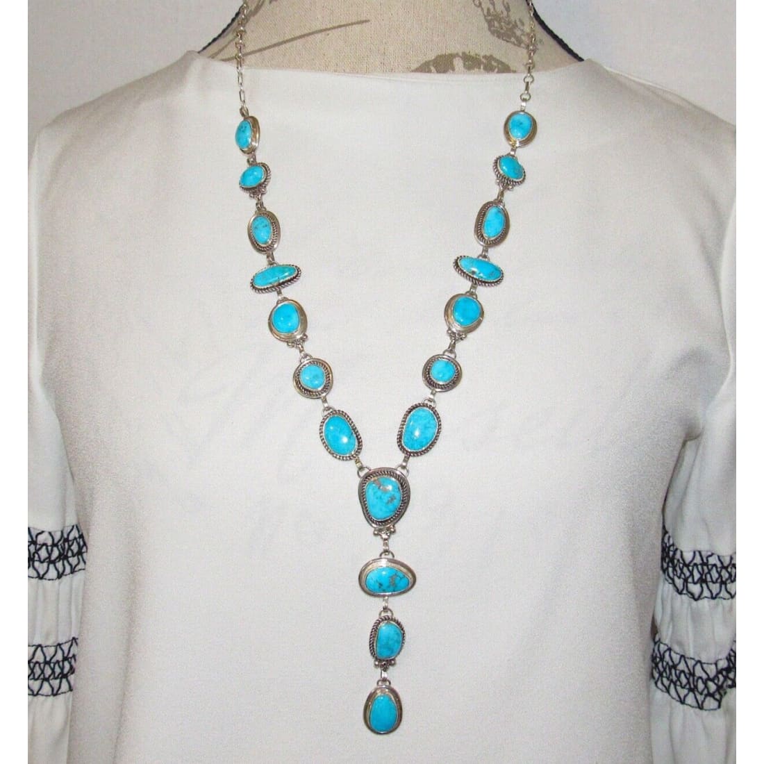 Navajo Blue Royston Turquoise Lariat Necklace Sterling