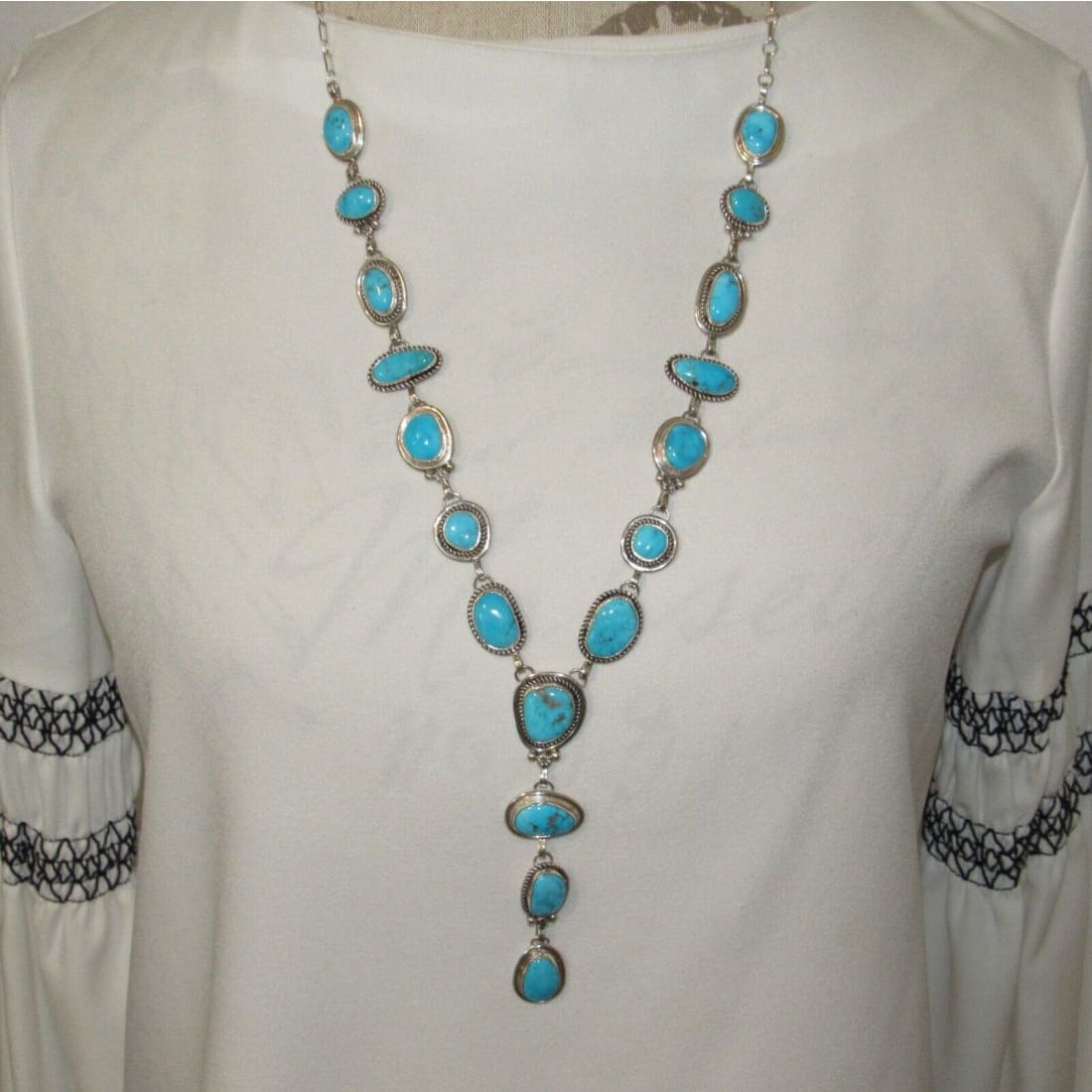 Navajo Blue Royston Turquoise Lariat Necklace Sterling