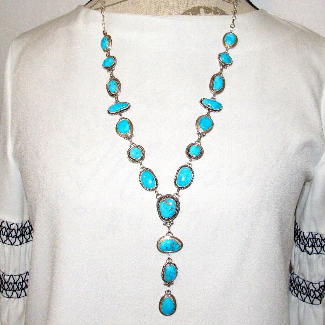 Navajo Blue Royston Turquoise Lariat Necklace Sterling