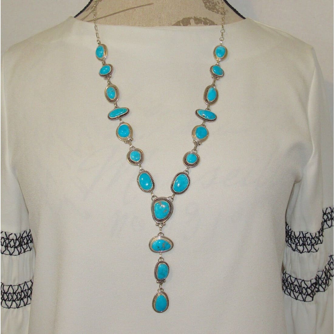 Navajo Blue Royston Turquoise Lariat Necklace Sterling
