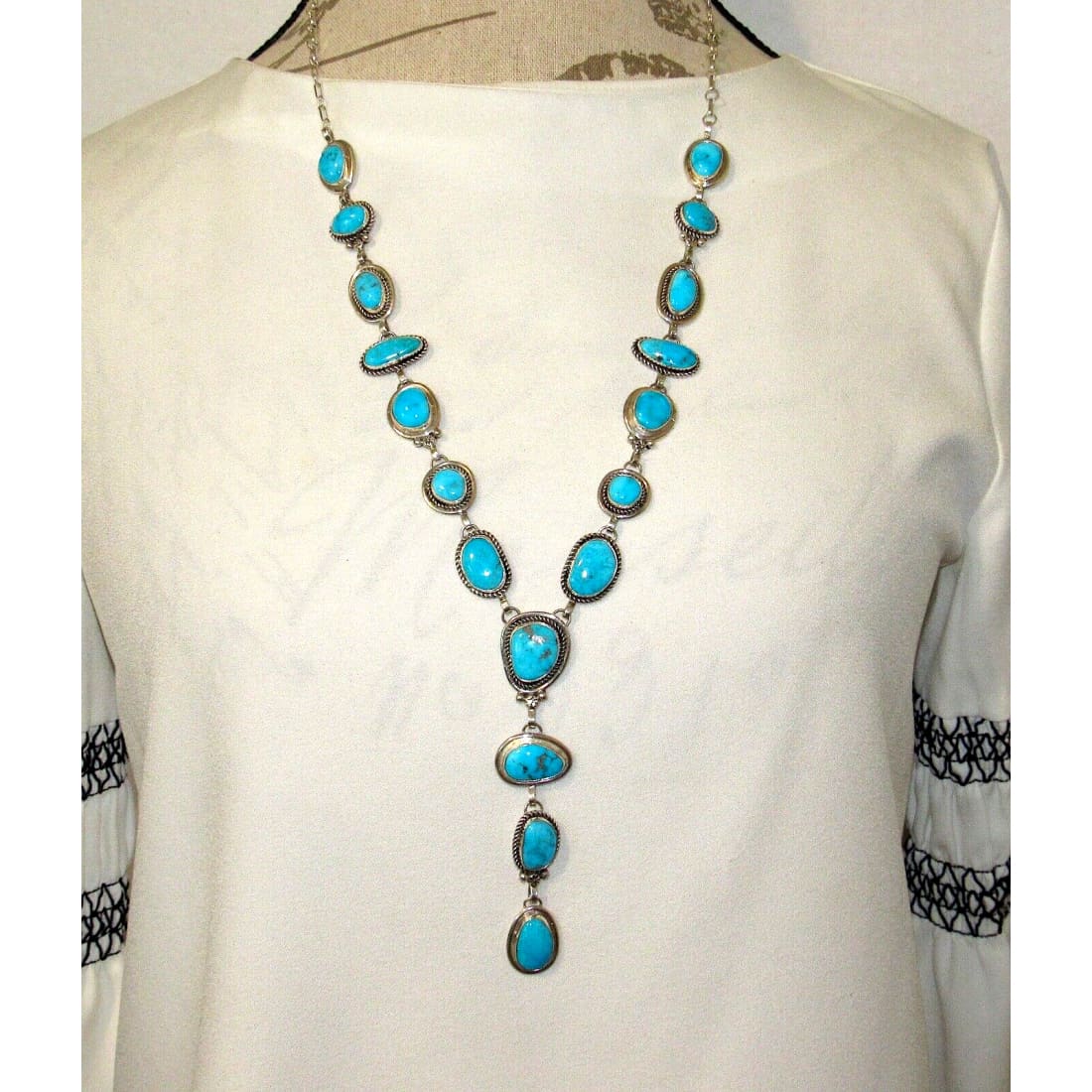 Navajo Blue Royston Turquoise Lariat Necklace Sterling