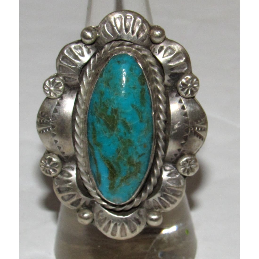 Navajo Blue Royston turquoise sterling ring sz 7 with intricate silver detailing and oval blue stone