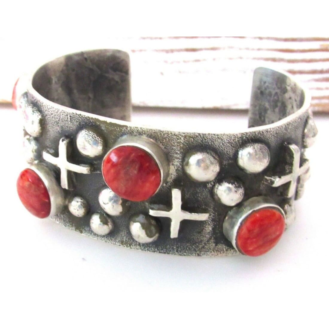 Huge Navajo Bracelet Tufa Cast Sterling Silver Red Spiny Oyster L James 85G Native American