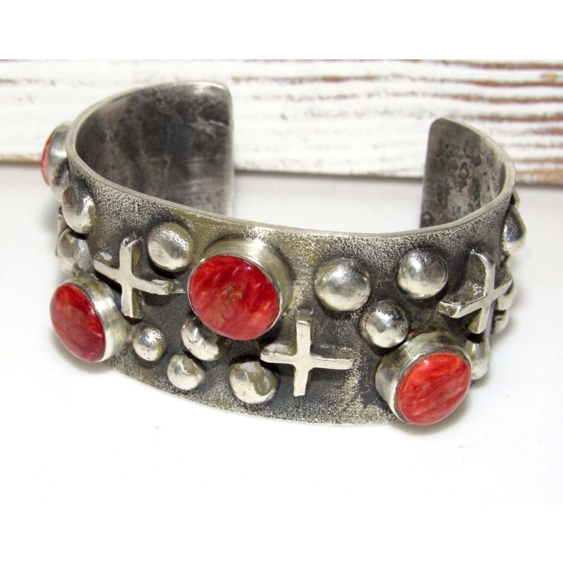 Huge Navajo Bracelet Tufa Cast Sterling Silver Red Spiny Oyster L James 85G Native American