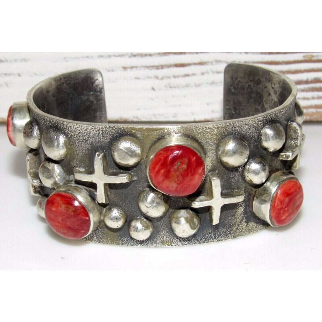 Huge Navajo Bracelet Tufa Cast Sterling Silver Red Spiny Oyster L James 85G Native American