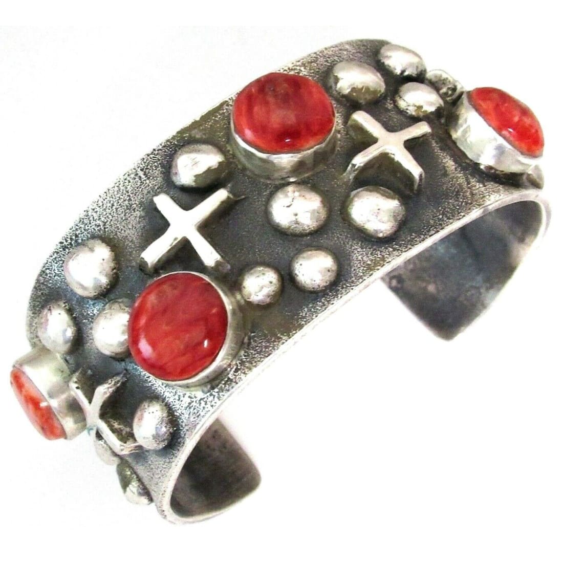 Huge Navajo Bracelet Tufa Cast Sterling Silver Red Spiny Oyster L James 85G Native American