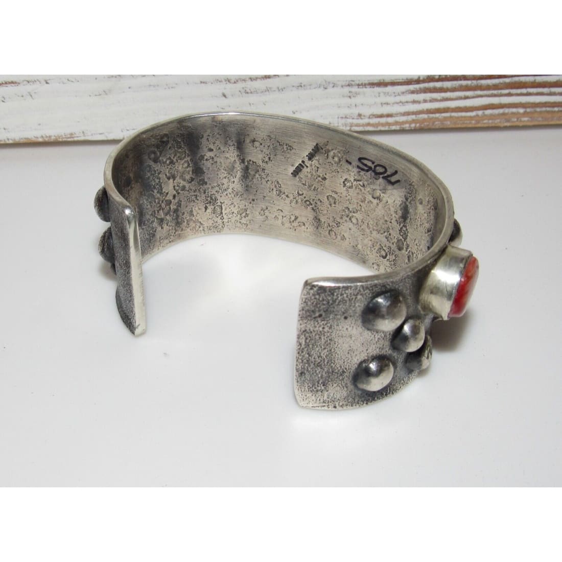 Huge Navajo Bracelet Tufa Cast Sterling Silver Red Spiny Oyster L James 85G Native American