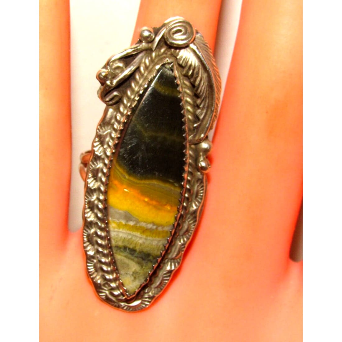 Navajo Bumblebee Jasper Ring Sz 9 Signed Sterling Silver