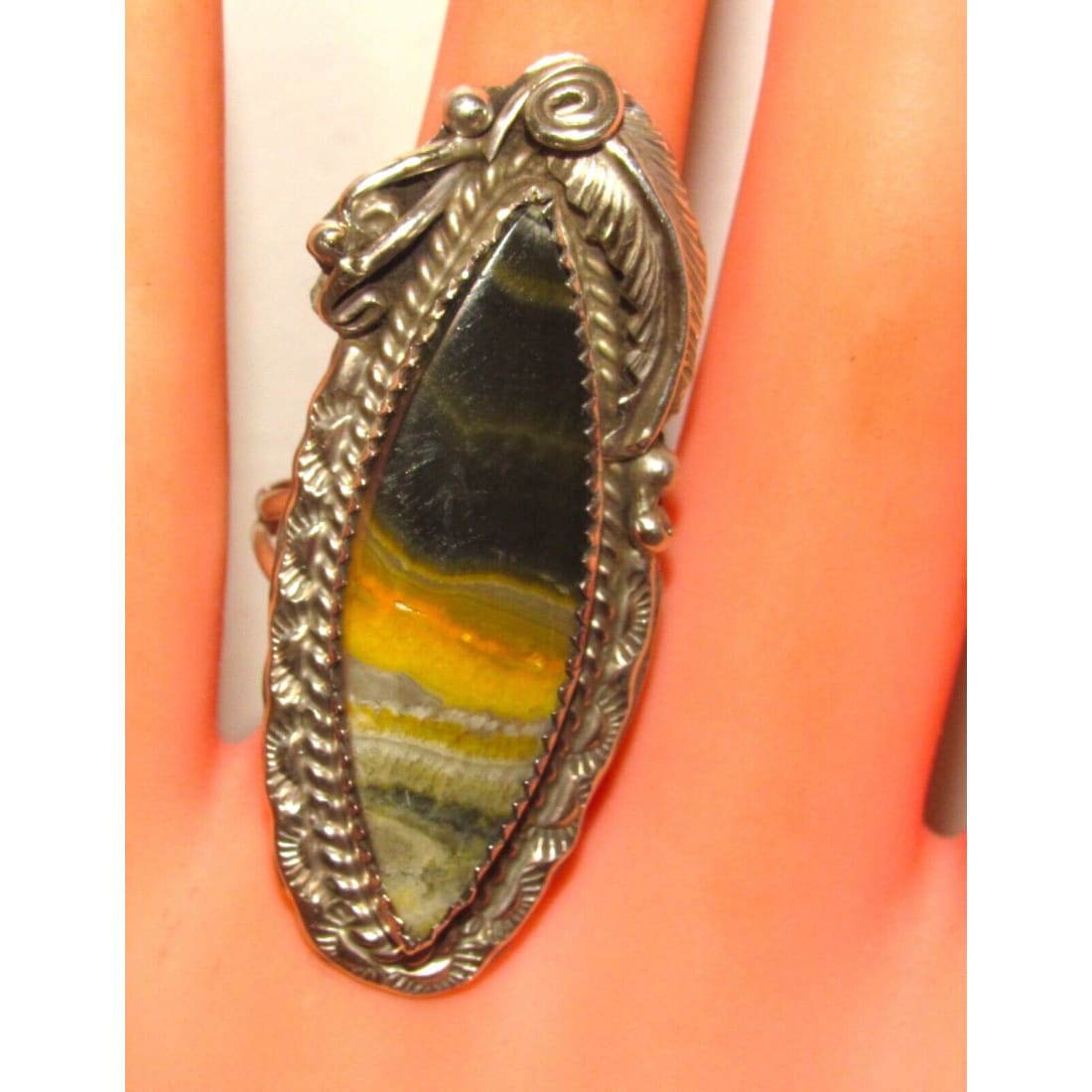 Navajo Bumblebee Jasper Ring Sz 9 Signed Sterling Silver