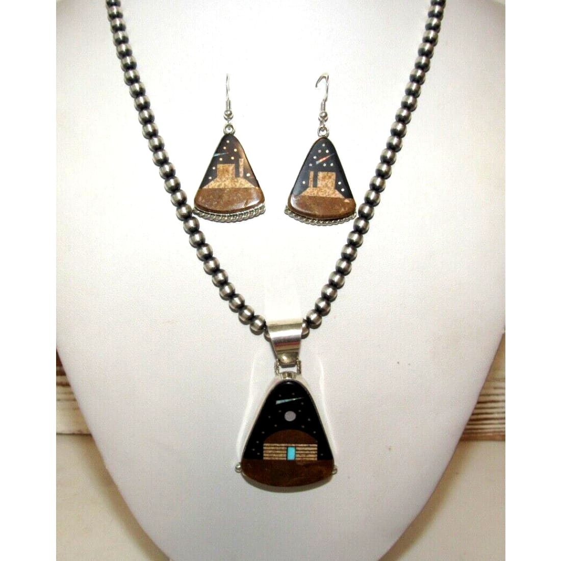 Navajo Calvin Desson Inlay Jet Turquoise Opal Earrings