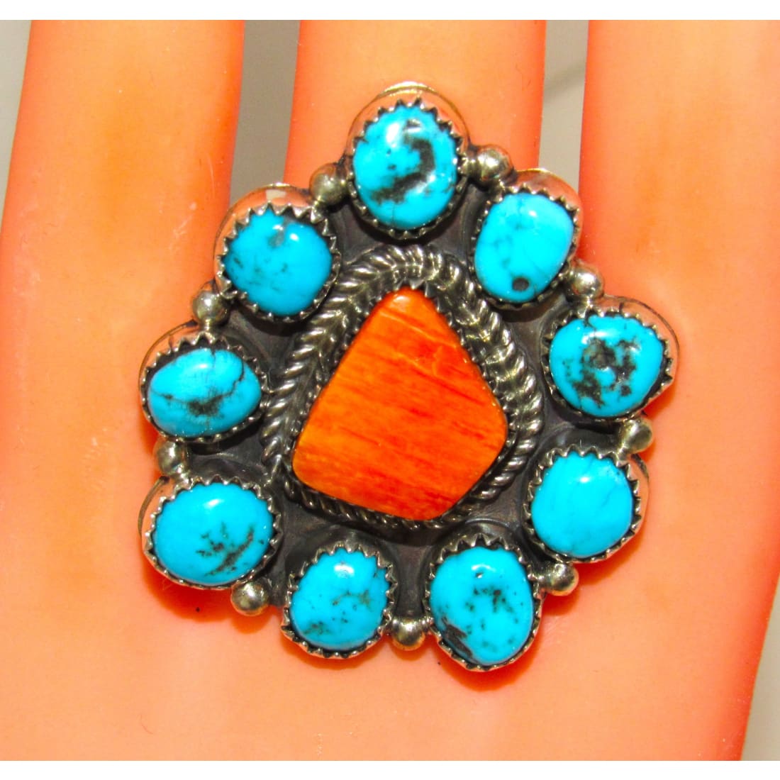 Navajo Cluster Ring Sz 8.5 Orange Spiny Oyster Kingman