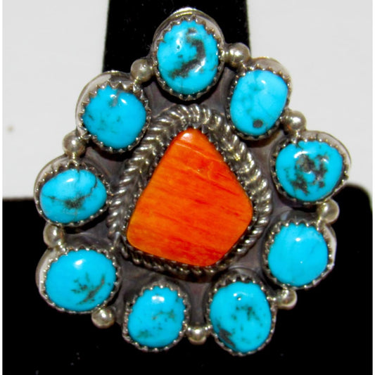 Navajo Cluster Ring Sz 8.5 Orange Spiny Oyster Kingman