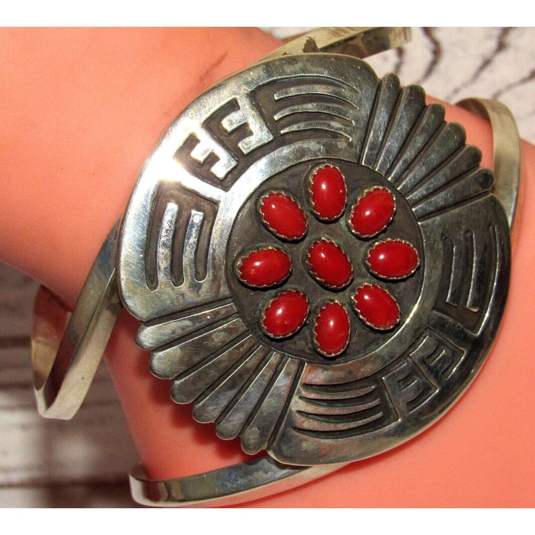 Massive Navajo Coral Cluster Bracelet Sterling Silver Native
