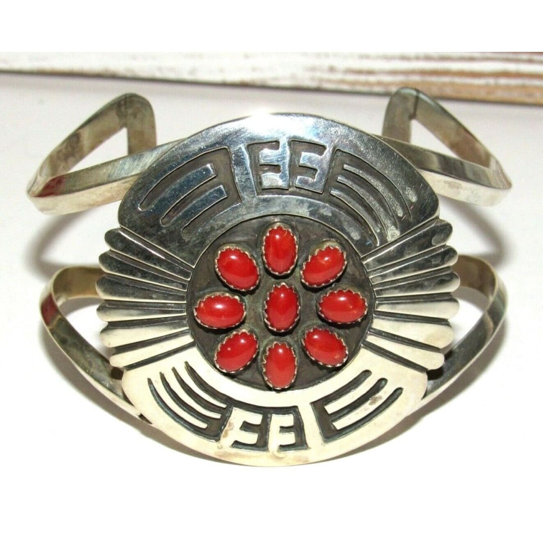 Massive Navajo Coral Cluster Bracelet Sterling Silver Native