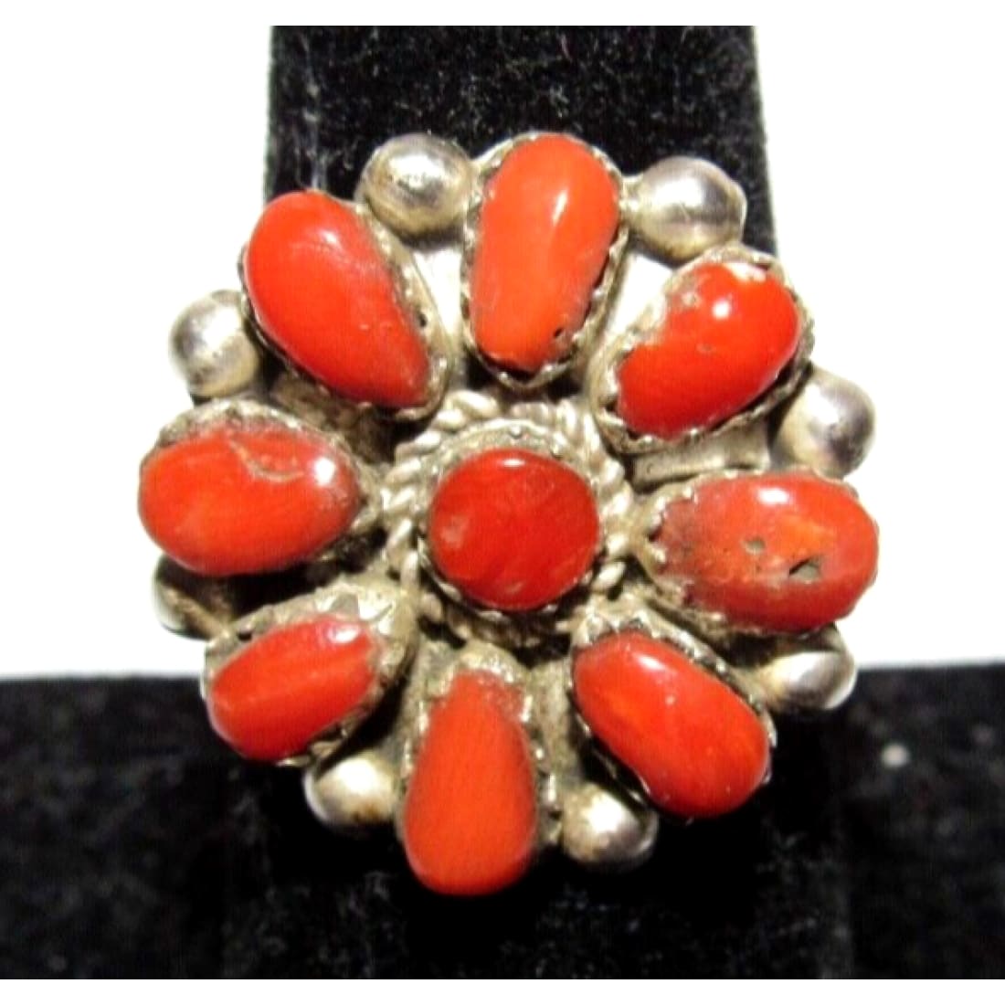 Navajo Coral Cluster Ring Sz 8 Sterling Silver M. Apachito -