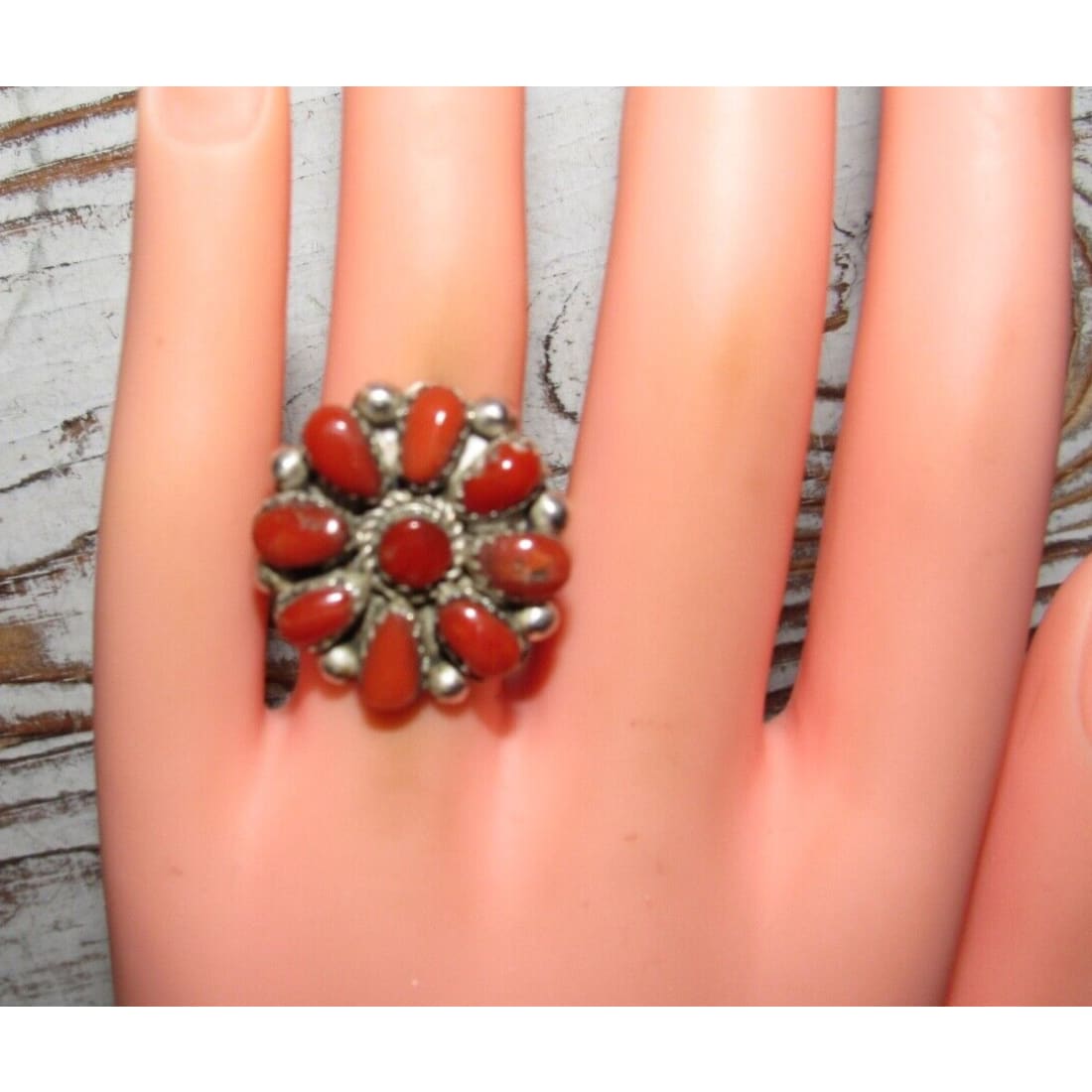 Navajo Coral Cluster Ring Sz 8 Sterling Silver M. Apachito -