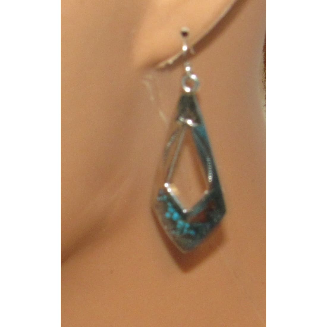 Navajo Dangle Earrings Tribal Design Turquoise Coral Inlay