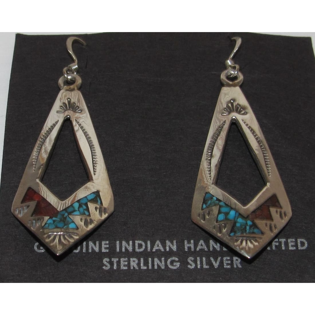 Navajo Dangle Earrings Tribal Design Turquoise Coral Inlay