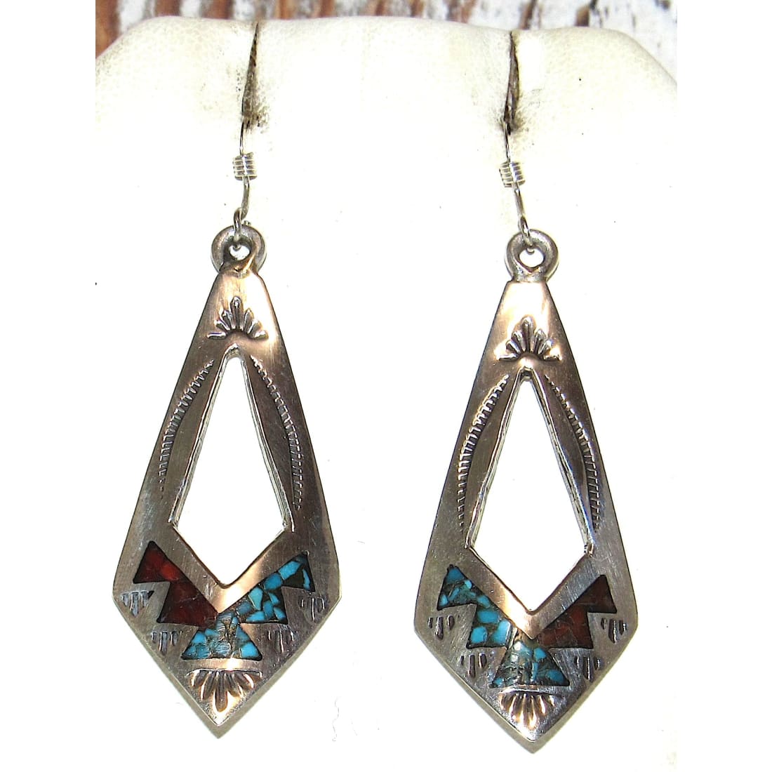 Navajo Dangle Earrings Tribal Design Turquoise Coral Inlay