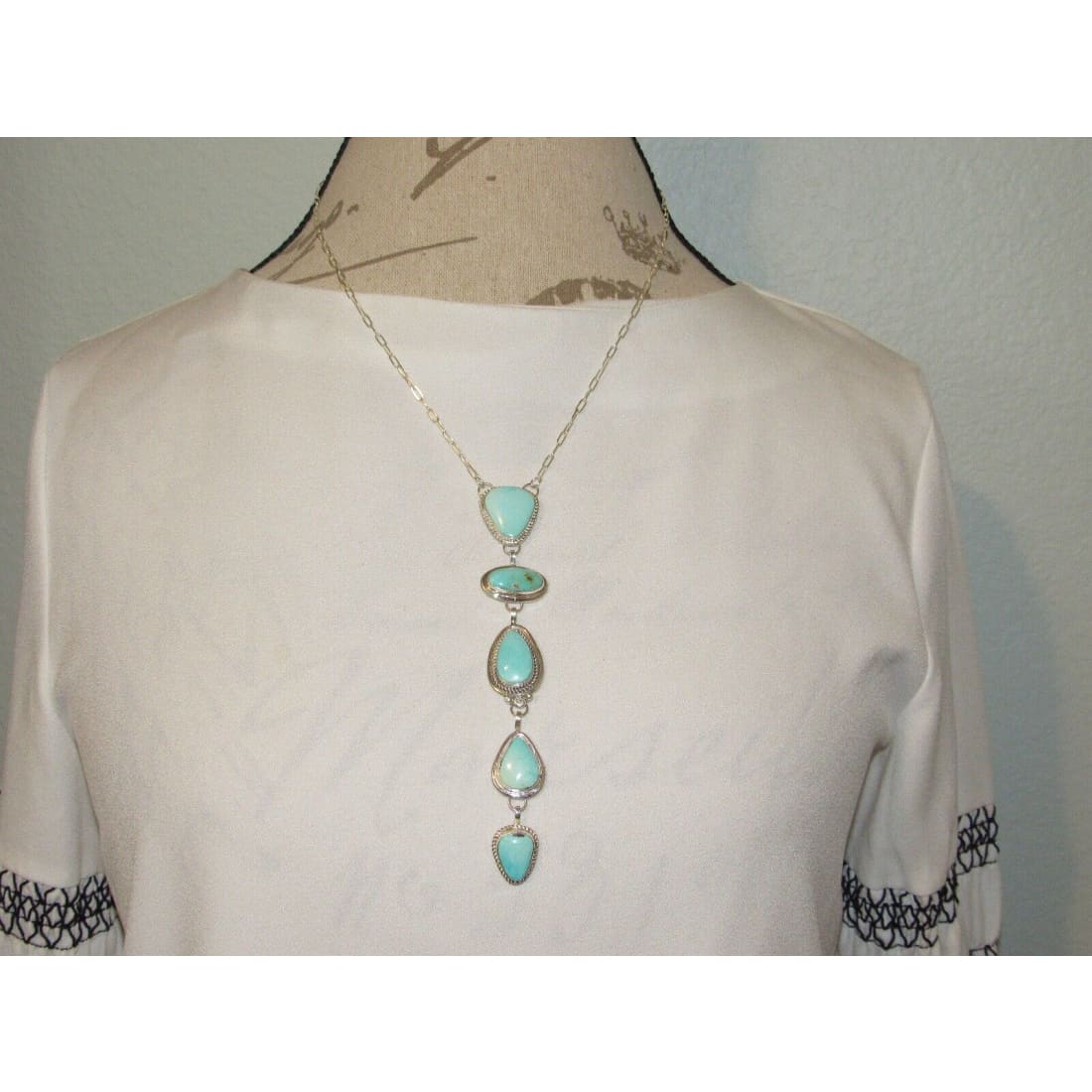 Navajo Dry Creek Turquoise Lariat Necklace Sterling Silver