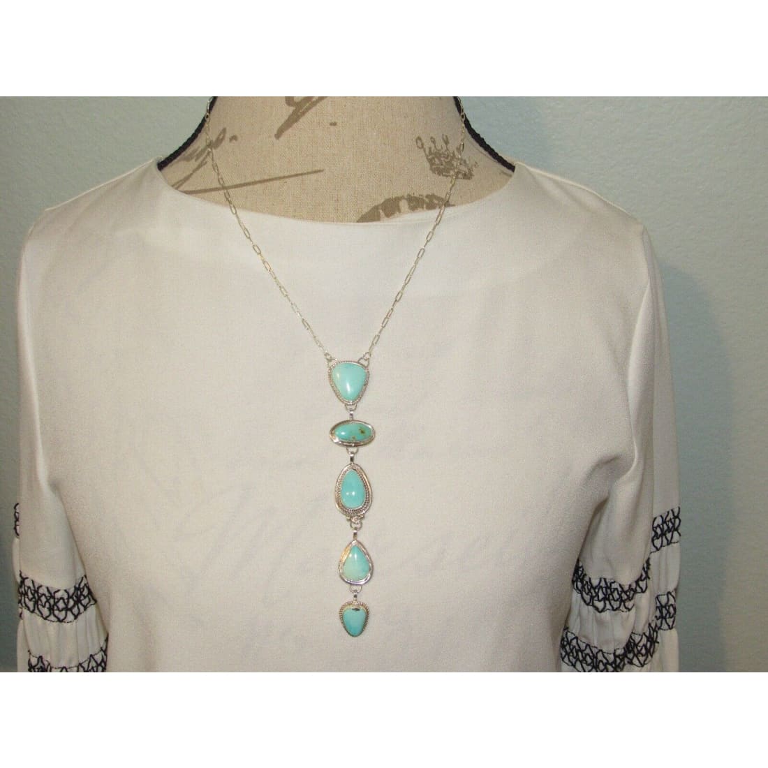 Navajo Dry Creek Turquoise Lariat Necklace Sterling Silver