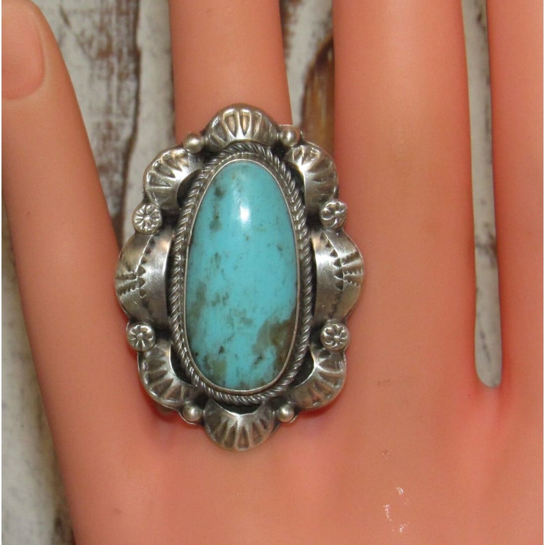 Navajo Dry Creek Turquoise Statement Ring Sz 7 Sterling