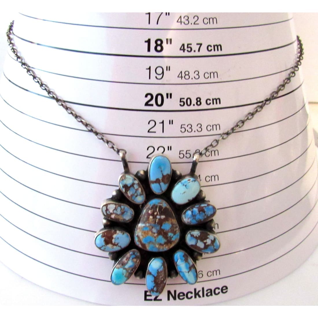 Navajo Golden Hills turquoise bar necklace with blue and brown turquoise stones on silver chain