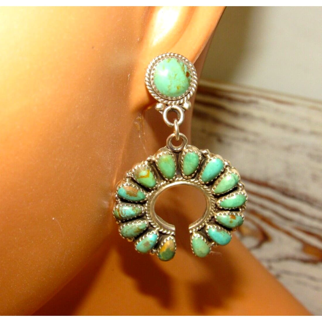 Navajo Green Turquoise Cluster Naja Dangle Earrings Sterling