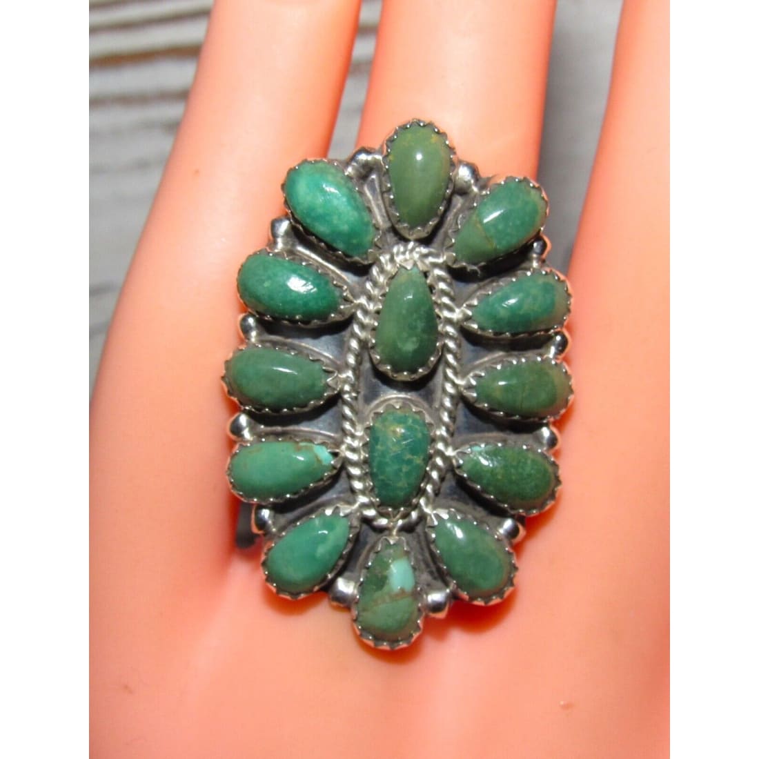 Navajo Green Turquoise Cluster Ring Sz 6.5 Sterling Silver