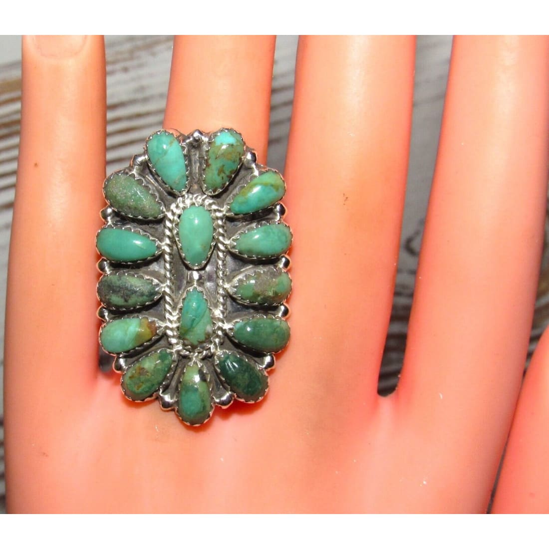 Navajo Green Turquoise Cluster Ring Sz 7 Sterling Silver