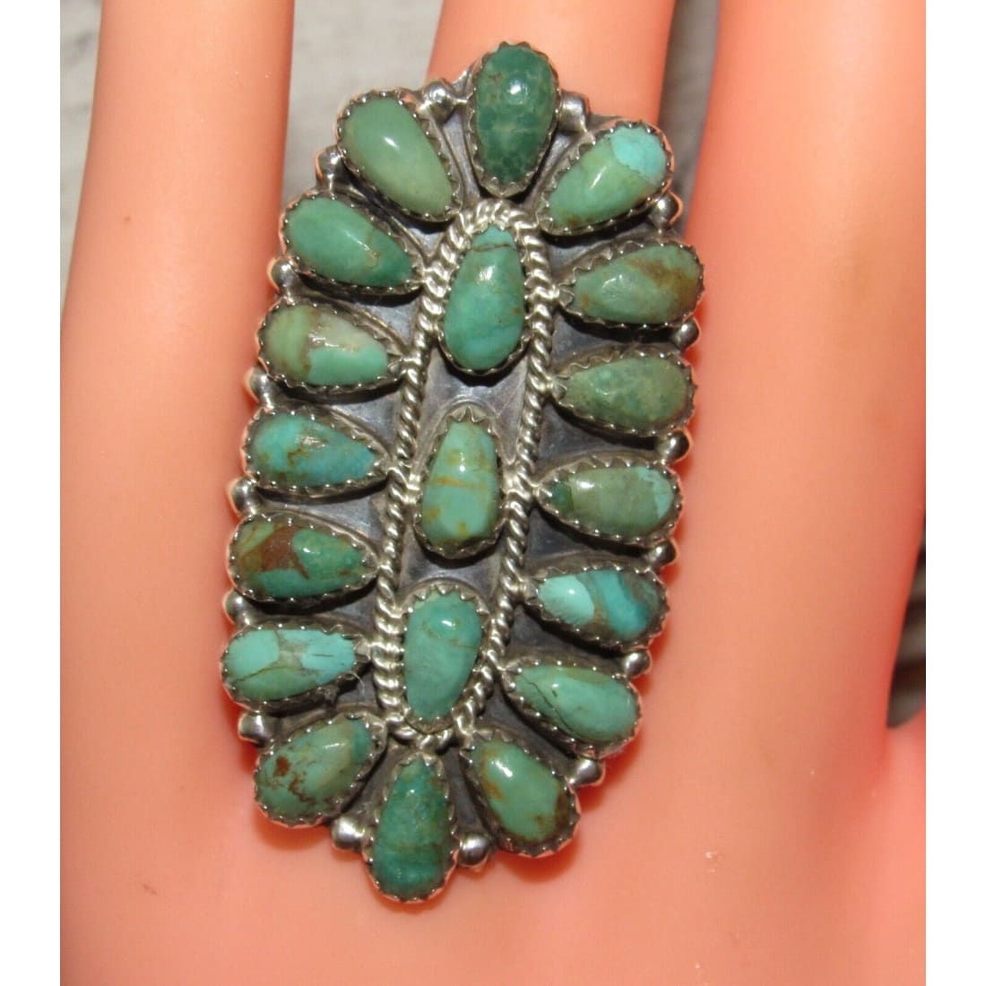Navajo Green Turquoise Statement Cluster Ring Sz 7.5