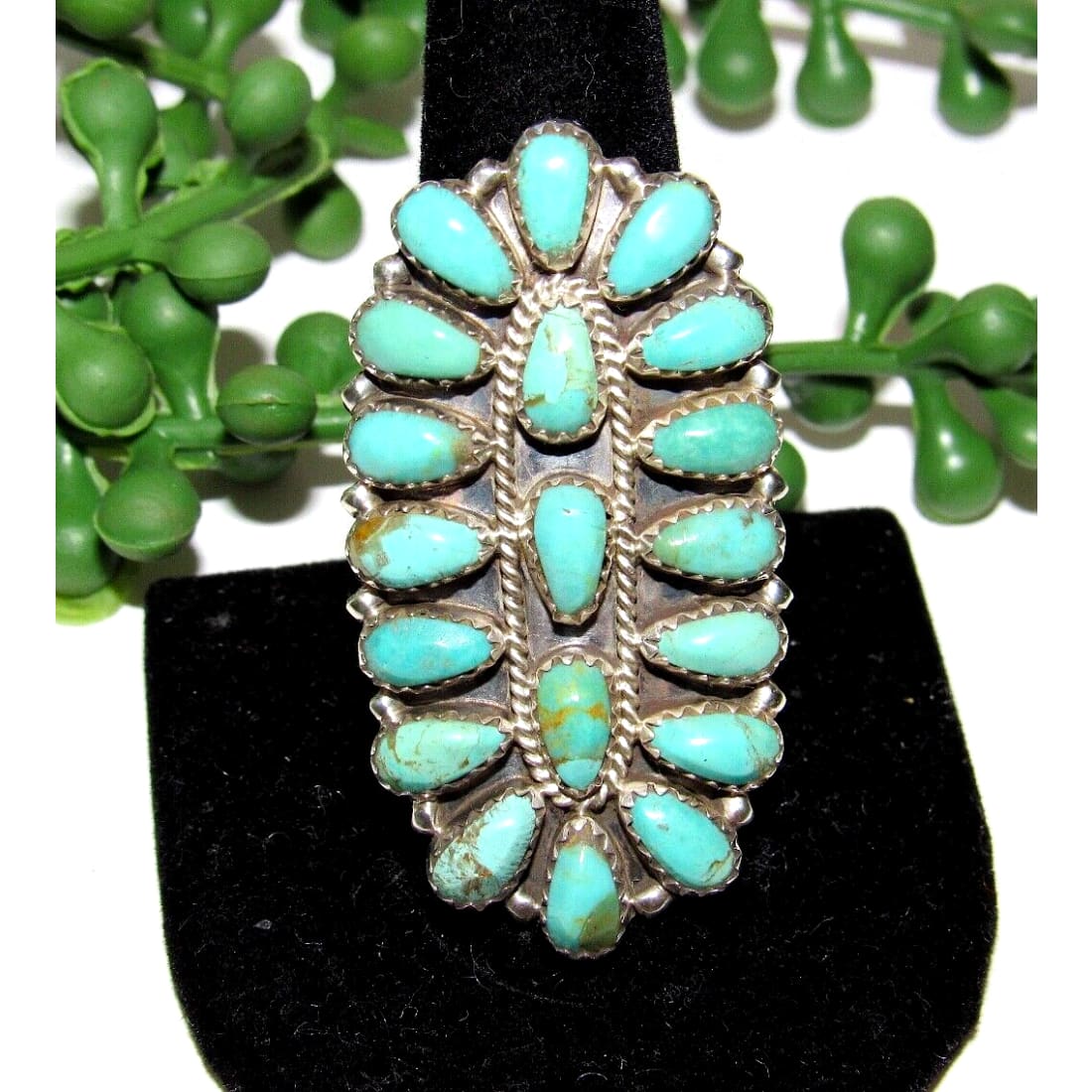 Navajo Green Turquoise Statement Cluster Ring Sz 9 Sterling
