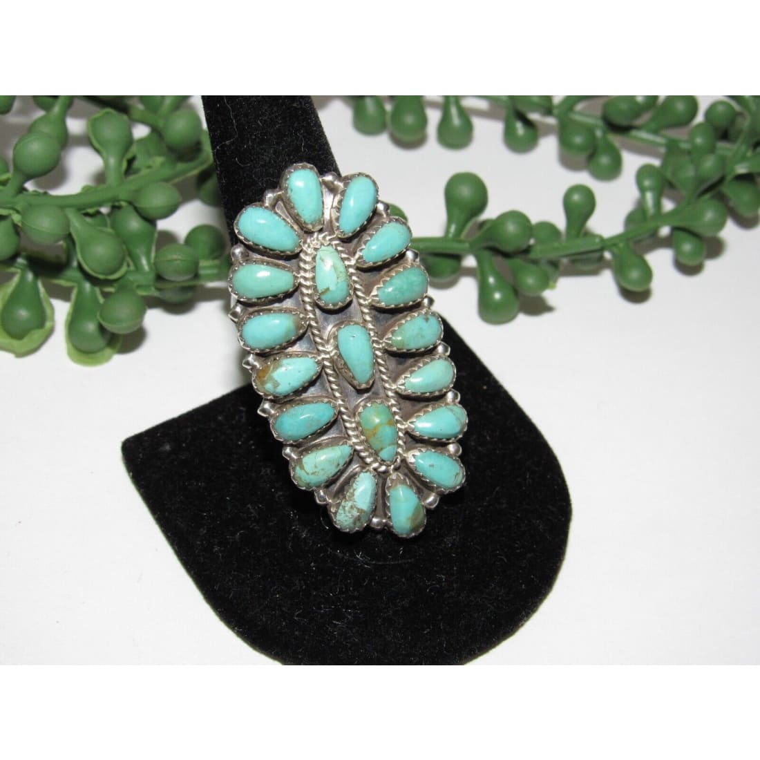 Navajo Green Turquoise Statement Cluster Ring Sz 9 Sterling
