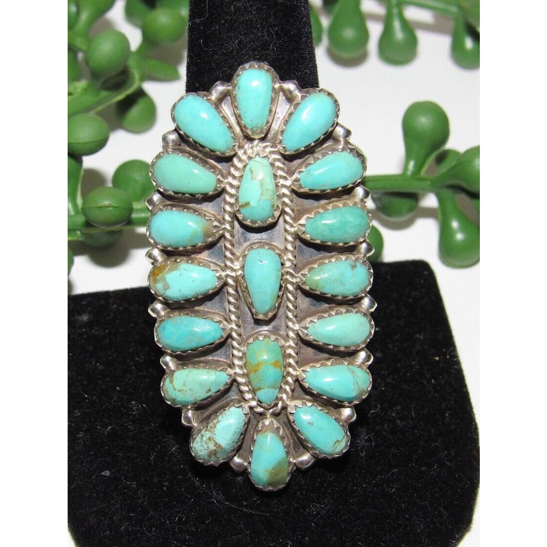 Navajo Green Turquoise Statement Cluster Ring Sz 9 Sterling