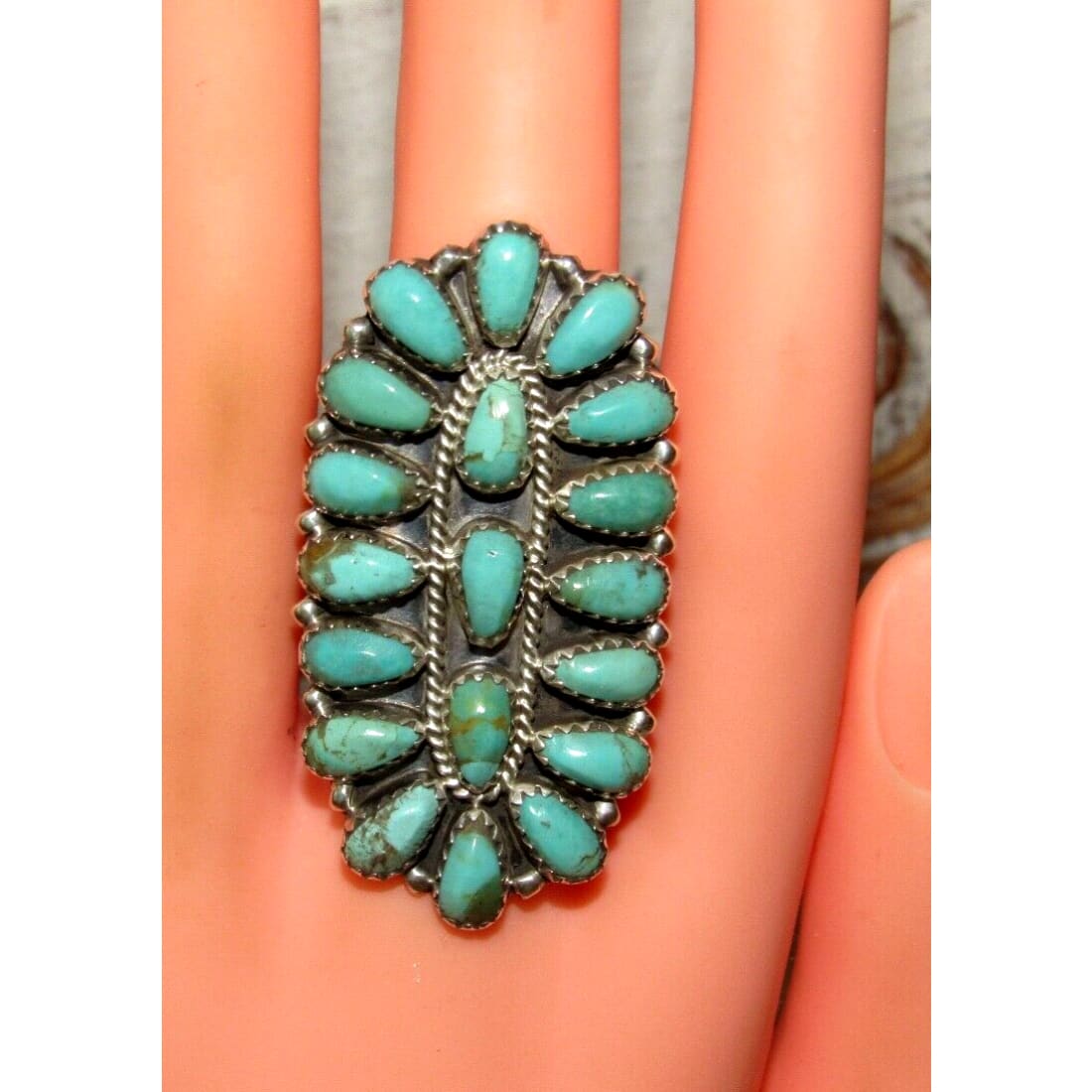 Navajo Green Turquoise Statement Cluster Ring Sz 9 Sterling