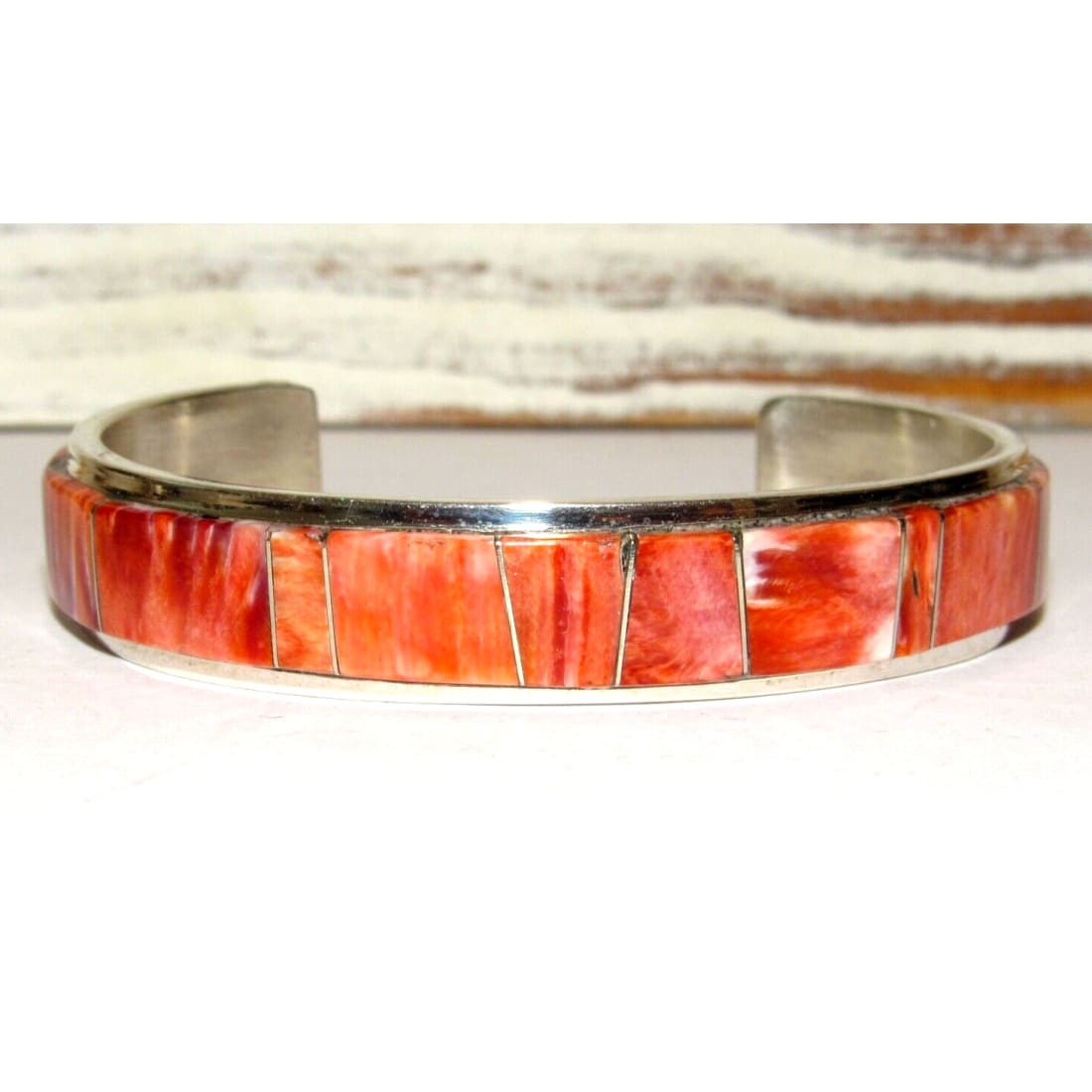 Navajo Inlay Bracelet Red & Orage Spiny Sterling Cuff Native