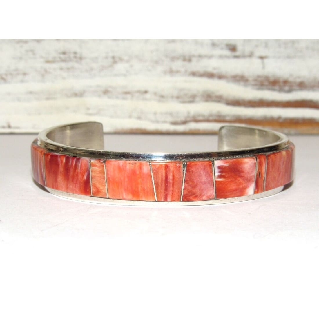 Navajo Inlay Bracelet Red & Orage Spiny Sterling Cuff Native