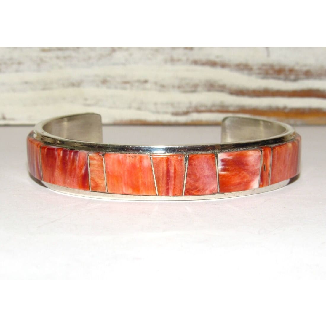 Navajo Inlay Bracelet Red & Orage Spiny Sterling Cuff Native