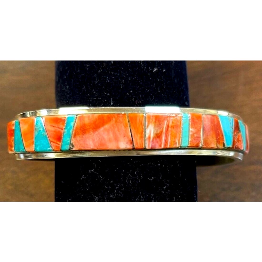 Navajo Inlay Bracelet Red & Orage Spiny Turquoise Sterling