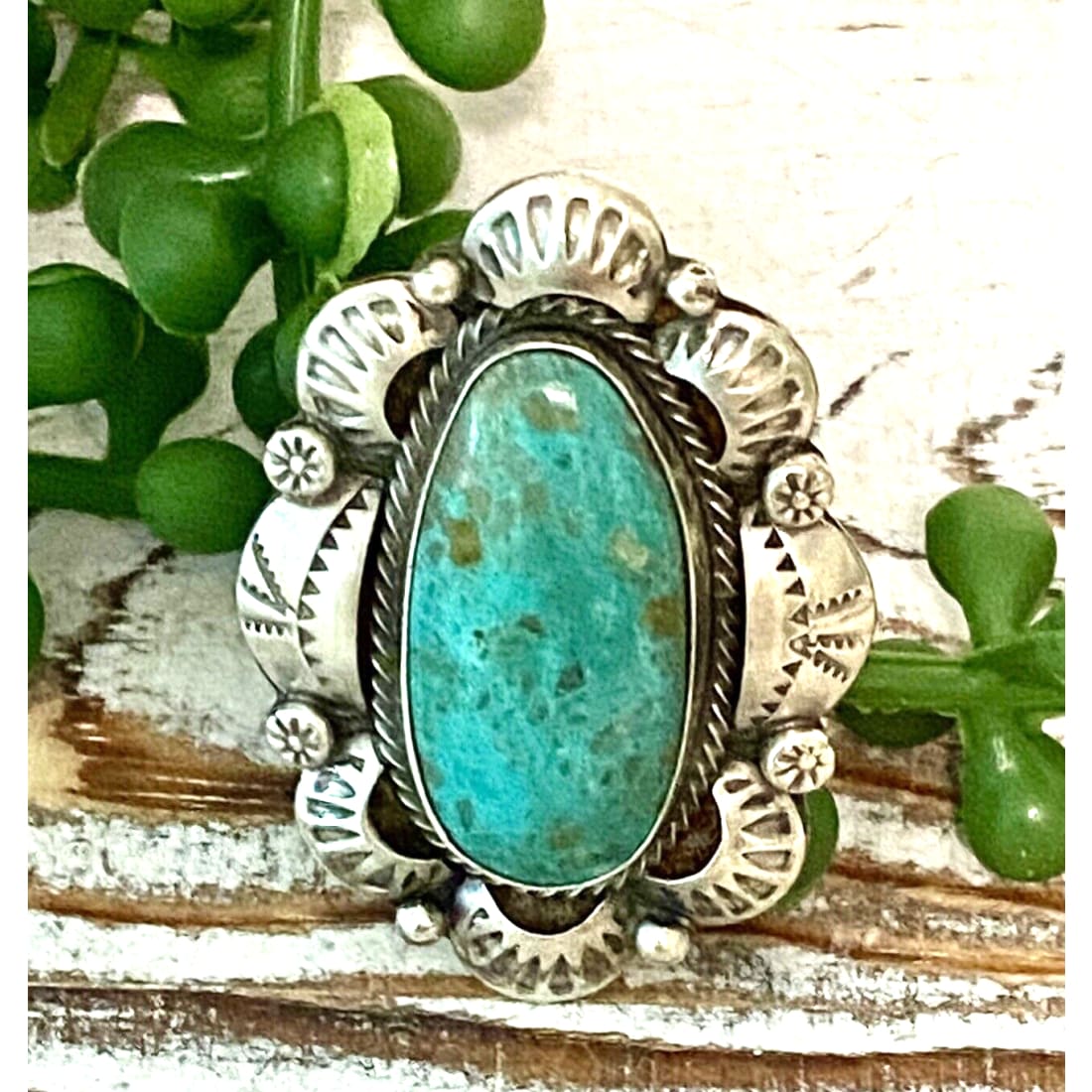 Navajo Ithaca Peak Turquoise Statement Ring Sz 7.5 Sterling