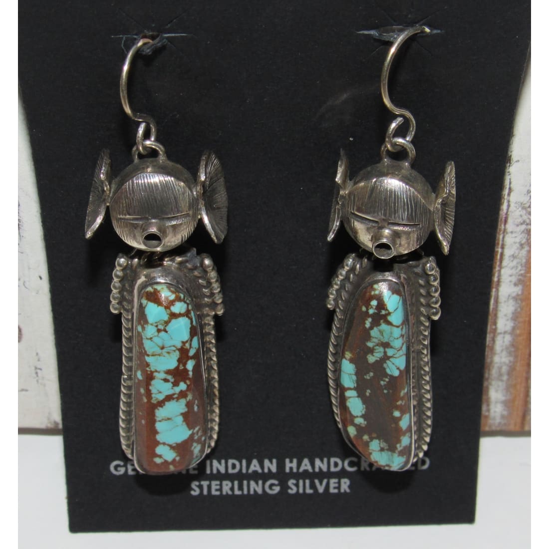 Navajo Kachina Earrings Boulder Numer 8 Turquoise Sterling