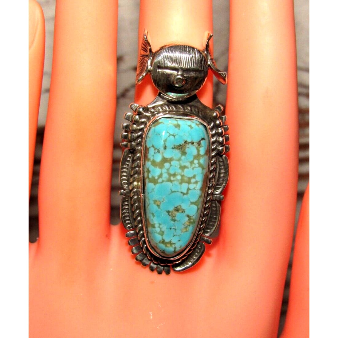 Navajo Kachina Ring Sz 7.5 Numer 8 Turquoise Sterling Bennie