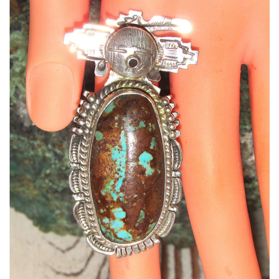 Navajo Kachina Ring Sz 8.5 Numer 8 Turquoise Sterling