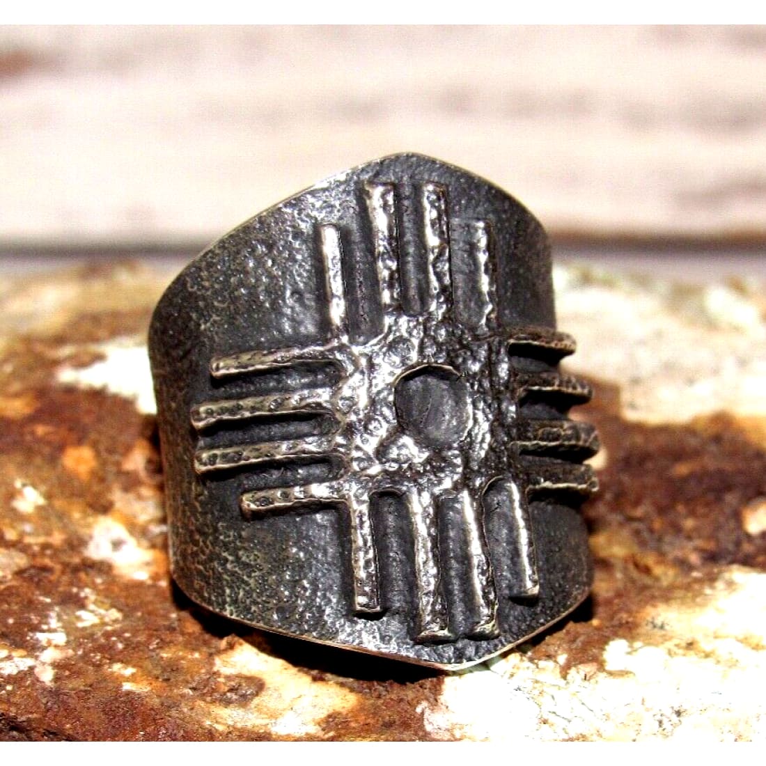 Navajo Kevin Yazzie Zia Symbol Ring Size 8 Sand Cast Tufa