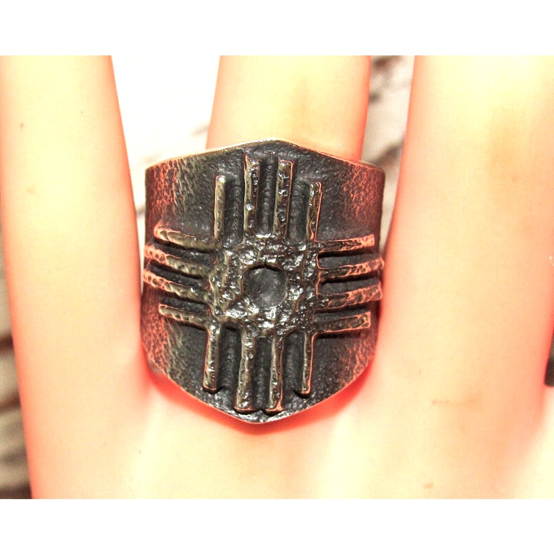 Navajo Kevin Yazzie Zia Symbol Ring Size 8 Sand Cast Tufa